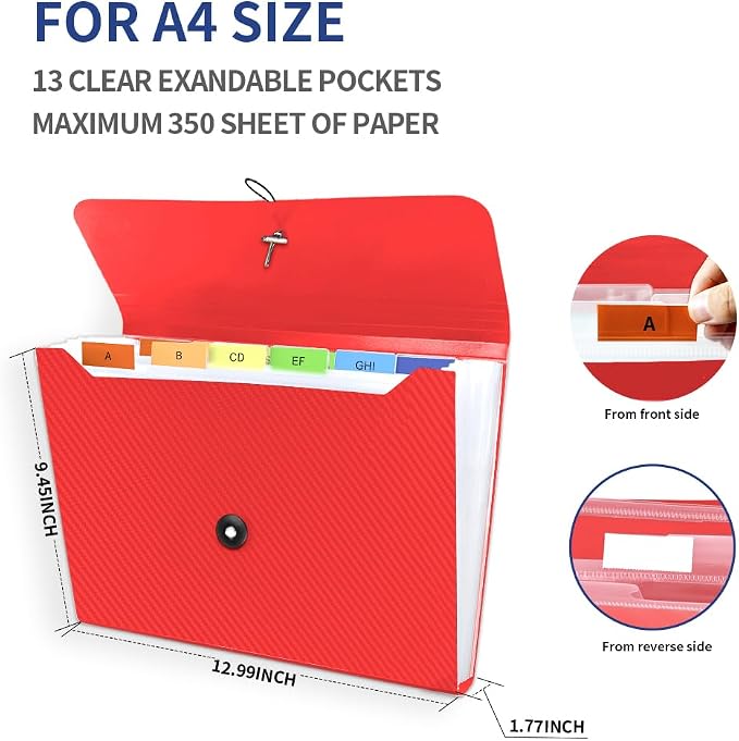 Expanding File Folder, 13 Pockets Accordian File Holder Organizer, A4 Letter - Image 3