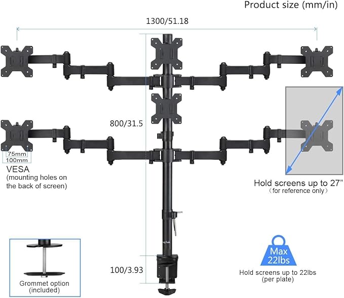 Suptek Hex LED LCD Monitor Stand up Desk Mount Extra Tall 31.5 inch Pole Heavy Duty Fully Adjustable Stand for 6 / Six Screens up to 27 inch (MD68126)-DeskLoop Office