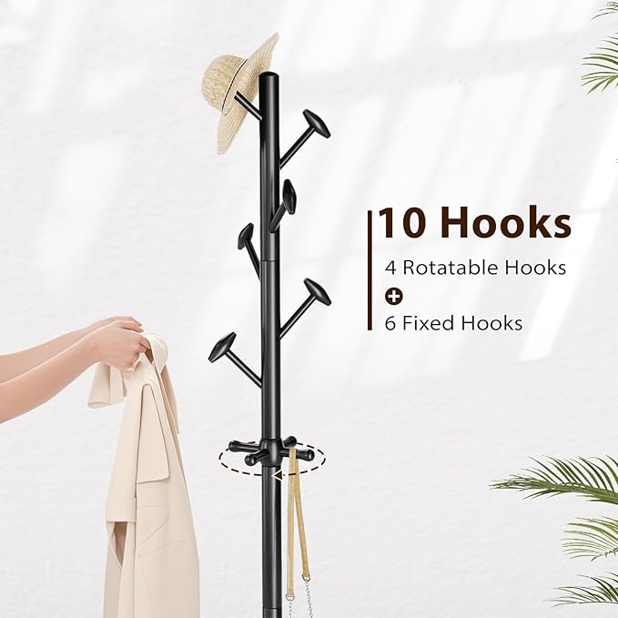 Solid Wood Coat Rack Freestanding Coat Tree with 10 Hooks for Bedroom, Livingroom, Entryway, Sturdy Coat Hanger Stand for Hats, Coats, Scarves, Handbags, Purses-DeskLoop Office