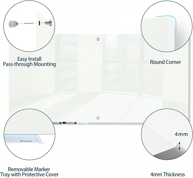 J&J worldwide Glass Dry Erase Board 6' x 4', Glass Whiteboard Magnetic, Large Frameless Glass White Boards for Walls, Includes Magnets, Marker Tray, Eraser for Office, Home, School-DeskLoop Office