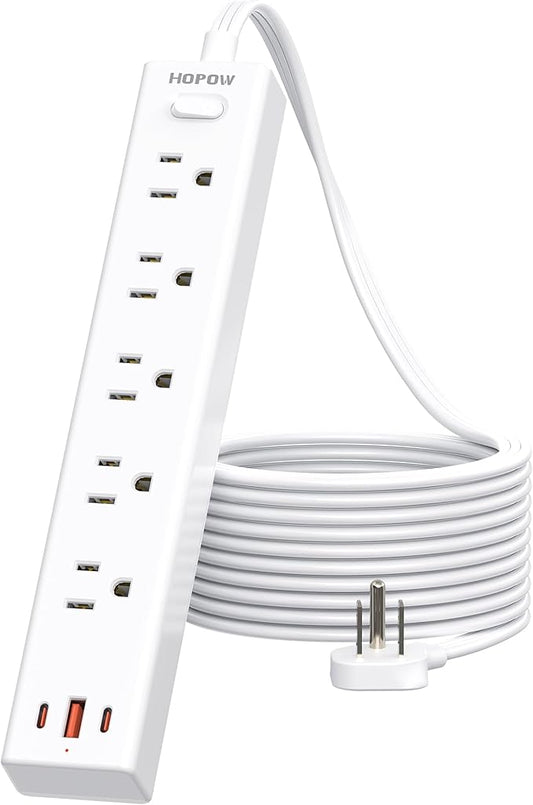 Flat Plug Power Strip, 10 Ft Ultra Thin Flat Extension Cord, Surge Protector with 5 Outlets & 3 USB Ports (2 USB C), 1700 Joules, Wall Mount, Desktop Charging Station for Home Office Dorm, White-DeskLoop Office