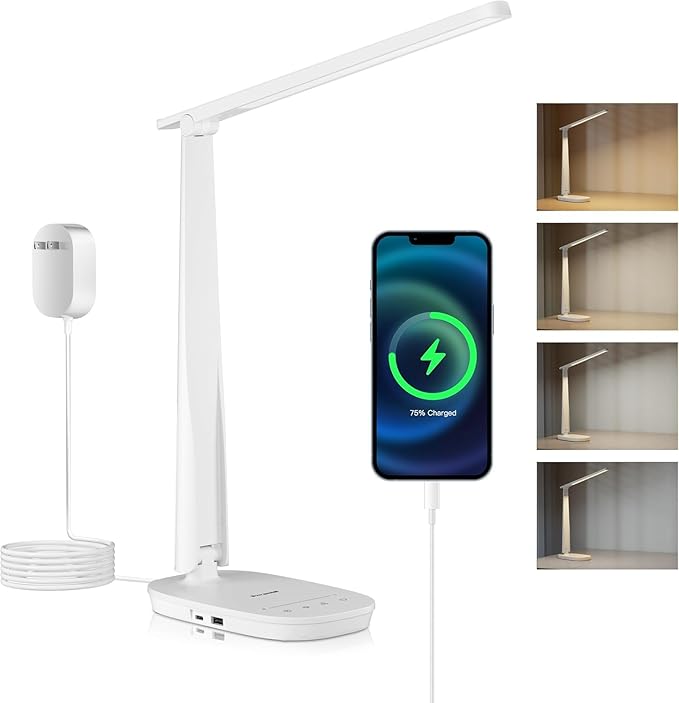 HONEYWELL LED Desk Lamp - HWT-H2 Sunturalux™ Eye-Caring Foldable Desk Light with USB A+C Dual Charging Port 4 Color Modes Dimmable Table Lamp for Home Office Bedroom Reading Study Work - White-DeskLoop Office