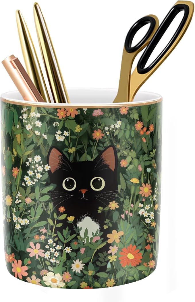 Black Cat Pen Holder for Desk Accessories, Durable Ceramic Pencil Organizer by WAVEYU