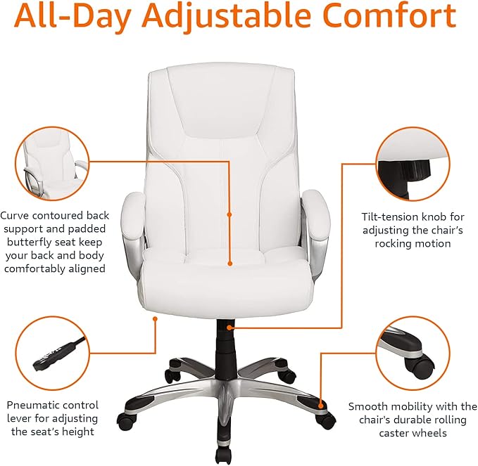 Amazon Basics Executive Home Office Desk Chair with Padded Armrests, Adjustable Height and Tilt, Rolling Swivel Chair, 275 Pound Capacity, White and Pewter-DeskLoop Office