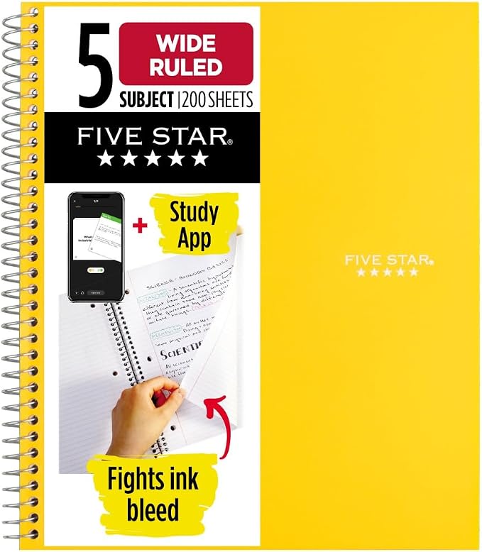 Five Star Spiral Notebook + Study App, 5 Subject, Wide Ruled Paper, 200 Sheets by FiveStar