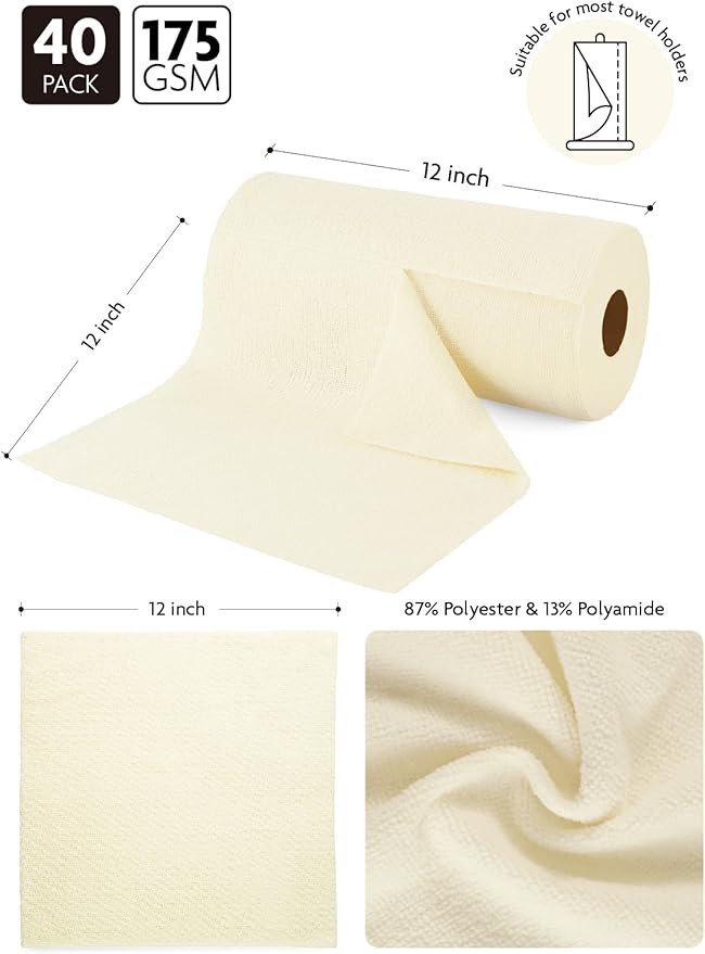 Fantasticlean Microfiber Cleaning Cloth Roll -40 Pack, Tear Away Microfiber Towels, 12" x 12", Reusable, Washable, Scratch Free, Ultra Absorbent Dish Rags for Car, Home, Garage or Shop (Beige)-DeskLoop Office