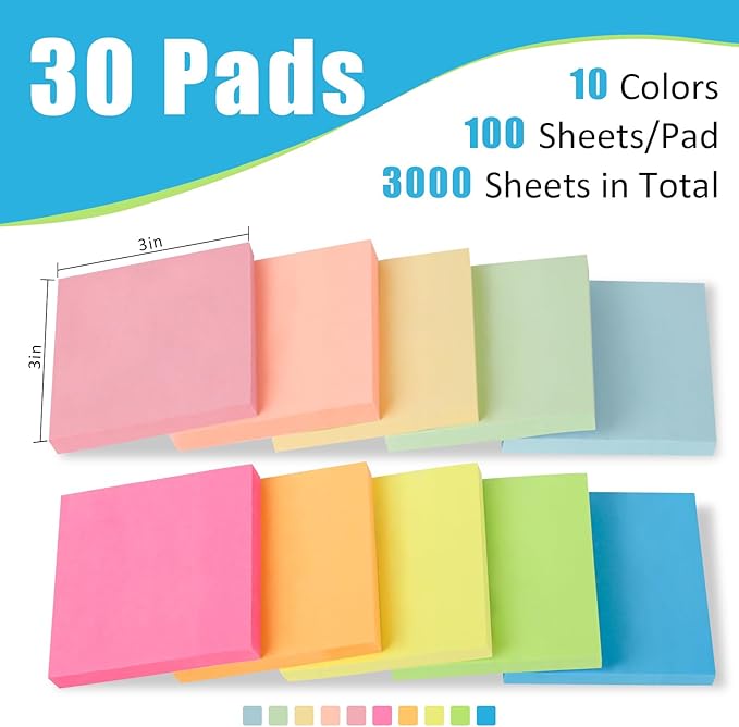 SACATR 30 Pads Sticky Notes, Sticky Note Pads 3x3 inches, 10 Bright Color Sticky Notes,Self-Stick Note Pads, Perfect for Office Home School(100 Sheet/Pad)-DeskLoop Office