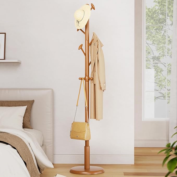 Solid Wood Coat Rack Freestanding Coat Tree with 10 Hooks for Bedroom, Livingroom, Entryway, Sturdy Coat Hanger Stand for Hats, Coats, Scarves, Handbags, Purses-DeskLoop Office