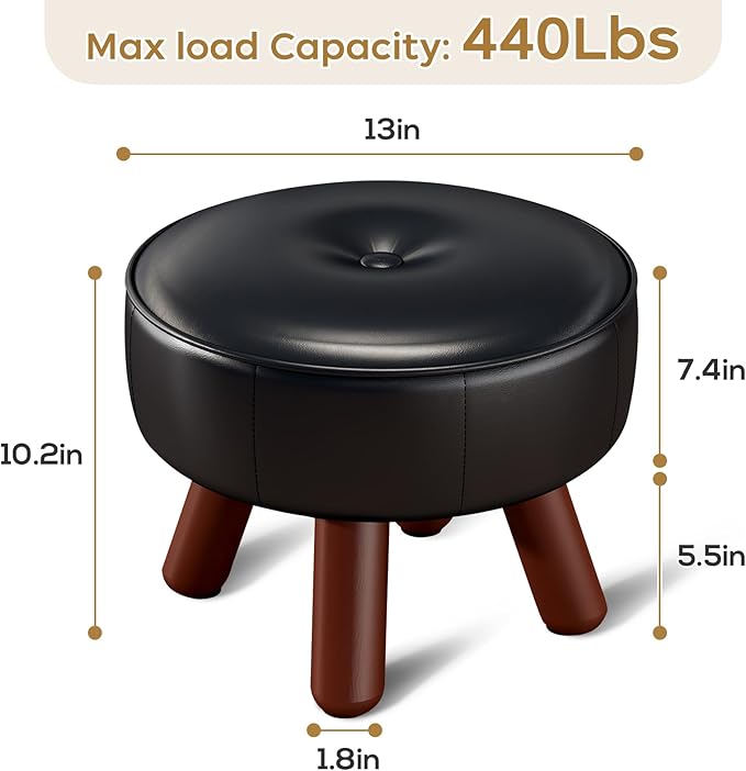 13in Small Foot Stool Ottoman, Round Faux Leather Foot Rest, Footstool Ottomans with Rubber Legs Under Desk, Footrest for Couch, Living Room, Bedroom, Office, 13''L x 13''W x 10.2''H, Black-DeskLoop Office
