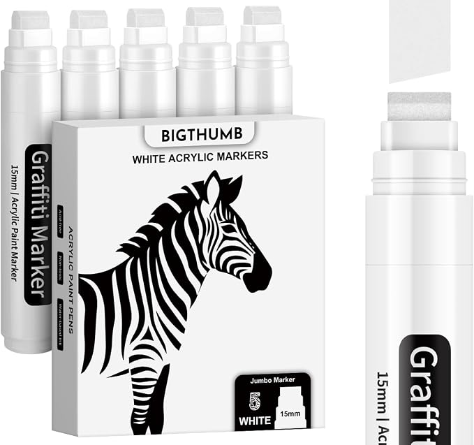 BIGTHUMB White Poster Markers Jumbo Paint Pen: 5 pcs 15mm Wide Tip Thick by BIGTHUMB