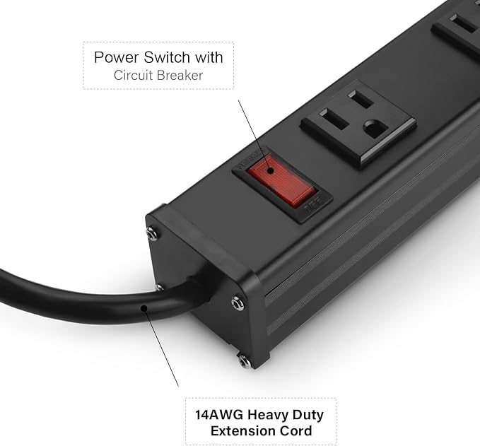 Heavy Duty Power Strip - 16 Outlet Industrial Metal Strip, 6FT Cord, 15A, 125V, 1875W (Black)-DeskLoop Office