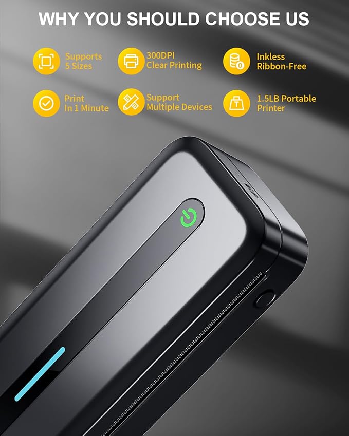 COLORWING Portable Printers Wireless for Travel, 300DPI Mini Compact Inkless Printer, Thermal Bluetooth Printer Compatible with Android and iOS Smartphone & Tablet & Laptop - Black-DeskLoop Office