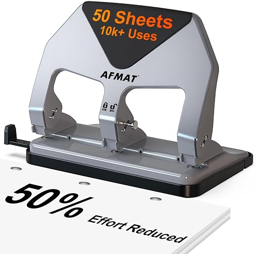 AFMAT 3 Hole Punch Heavy Duty, 50-Sheet Three Hole Punch, 50% Reduced Effort by AFMAT
