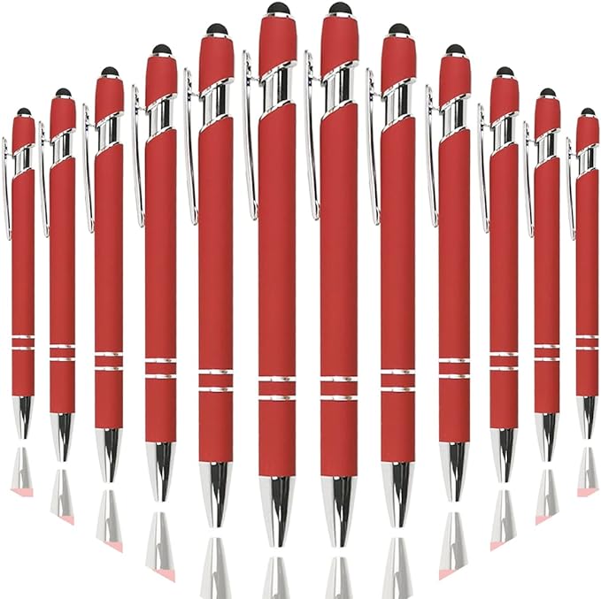 Ballpoint Pen with Stylus Tip, Soft Touch Click Metal Pen, 1.0mm Medium Point, Black Ink, 12 Count(Red)-DeskLoop Office