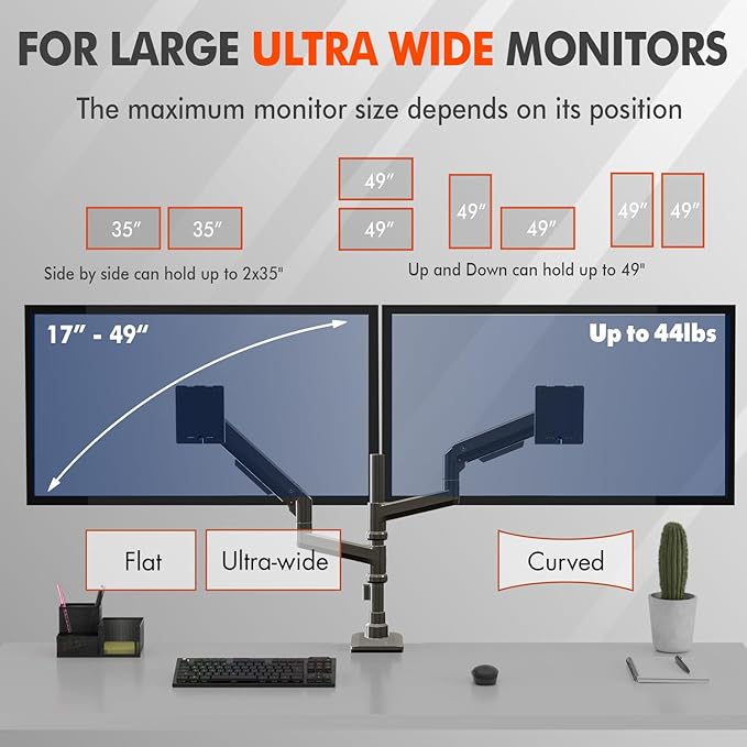 Dual Monitor Arm for 17-49 Inch Ultrawide Screens – Heavy Duty Monitor Arm Desk Mount – VESA Mount with Clamp and Grommet Base – Holds Up to 44 lbs. Each-DeskLoop Office
