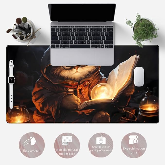 Magical Cat Desk Mouse Mat Black Vintage Desk Pad Playmat for MTG Large Mousepad Gaming Deskpad XXL Keyboard Mouse Pad Full Desktop Mat Desk Cover Mat for Work Office Home (31.5x15.7 in)-DeskLoop Office