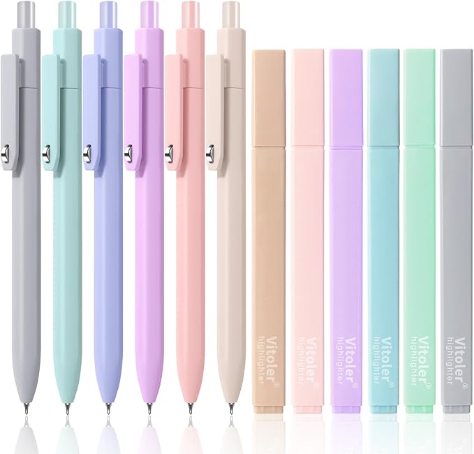 Piochoo Highlighters and Pens Set, 6 Aesthetic Highlighters and 6 Black Ink Gel by Piochoo