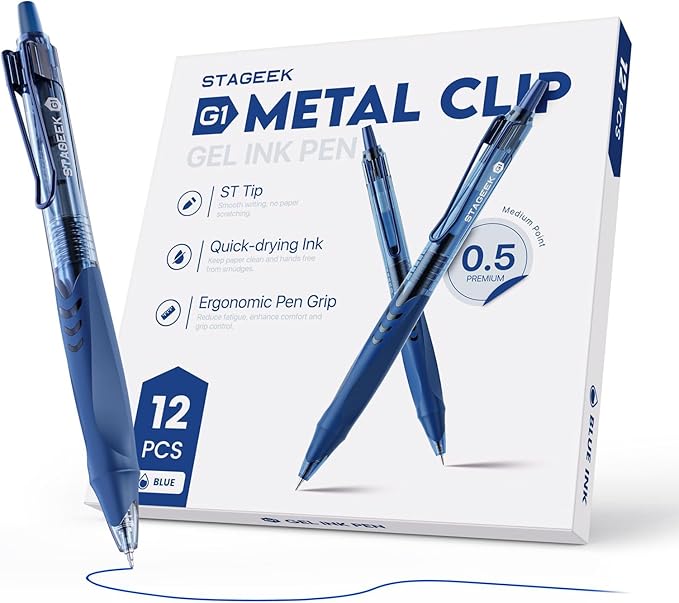12 Pack Blue Gel Pens, Quick Dry Blue Ink Pen, 0.5mm Fine Point Retractable Smooth Writing Pens for Journaling, Writing, Business Gel Pen for Office School & Home Supplies(Blue)-DeskLoop Office