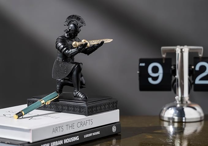 Roman Praetorian Warrior Knight Pen Holder Desk Ornament Resin Pencil Holder Desk Accessories and Organizer For Office with a Letter Opener (Black)-DeskLoop Office