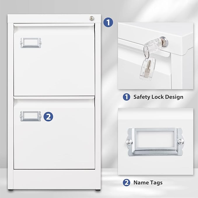 2 Drawer File Cabinet, Filing Cabinets for Home Office, Metal Vertical File Storage Cabinet with Lock, Locking File Cabinet for A4 Legal/Letter, 15" W x 17.7" D x 27.1" H, Assembly Required-DeskLoop Office