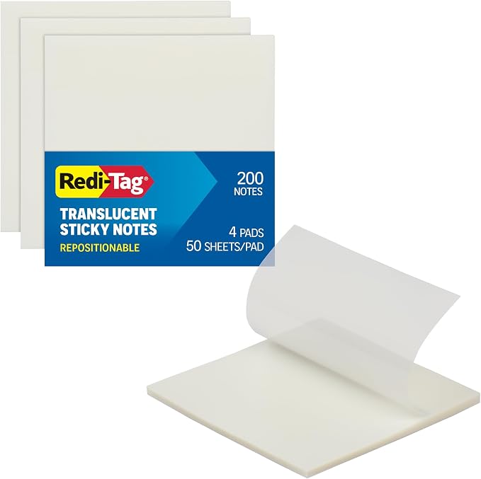 Redi-Tag Translucent Sticky Notes, Transparent Self-Stick Notes, 4 Pads by Redi-Tag