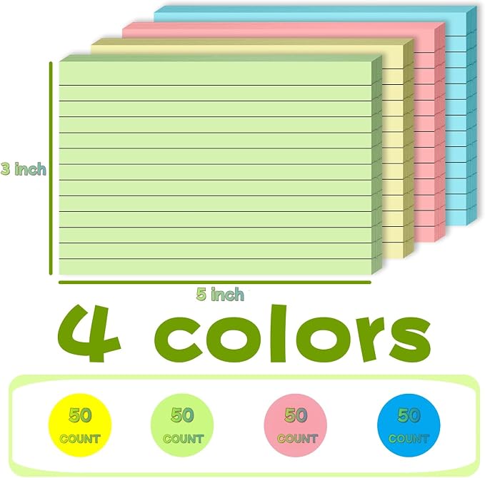200 Count Colored Index Cards 3x5 Inch Ruled Flashcards Notecards 4 Color - Image 3