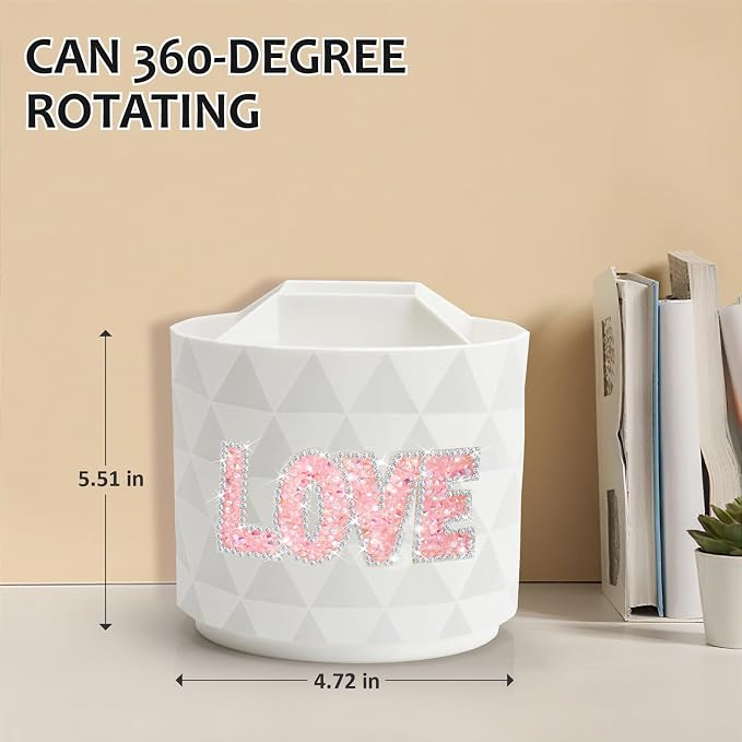 Bling Desk Organizer, Glitter Love Rhinestone Rotating Pencil Pen Holders - Image 3