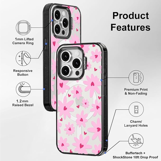 MOSNOVO Magnetic Case for iPhone 15 Pro, 10ft Military-Grade Protection, Compatible with Magsafe, Shockproof Phone Case for iPhone 15 Pro - Love in Bloom - Clear Black-DeskLoop Office