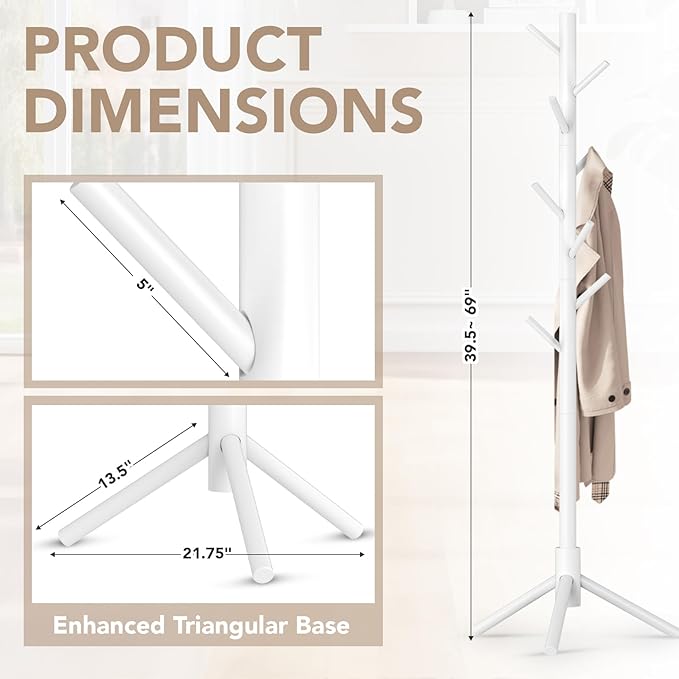 Wooden Tree Coat Rack Stand,Sturdy Freestanding Coat Rack with 8 Hooks,3 Adjustable Height for Child Adult,Wood Coat Stand Tree Fits Entryway Bedroom Office for Bags,Hats-DeskLoop Office