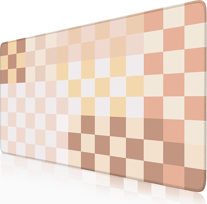 Checkered Boho Desk Mat Beige Pink Mouse Pad XXL Pastel Retro Large Mouse Pad by Nasdalgias