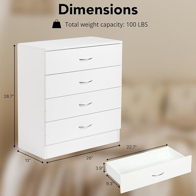 Karl home 4 Drawer Dresser for Bedroom, Small Chests of Drawers Modern Nightstand, White Dresser Chest with 4 Storage Drawers, Dressers for Nursery, Hallway, Living Room, Closet-DeskLoop Office