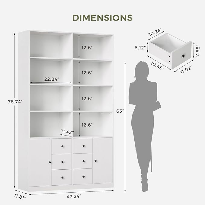 IRONCK 78.7" Bookcase with 6 Drawers, 6 Tier Large Bookshelf with 2 Doors, Large Bookcase with Adjustable Shelves, Tall Storage Cabinet for Home Office, Living Room, White-DeskLoop Office