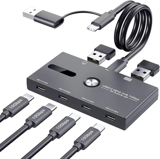 10Gbps USB C Hub, 6 Ports USB C Splitter, Type-C and USB 3.2 to USB C Hub for PC, Laptop, MacBook Pro/Air, iMac, Surface Pro, Chromebook, Etc(HUB ONLY, Not Support Charging/Monitor)-DeskLoop Office