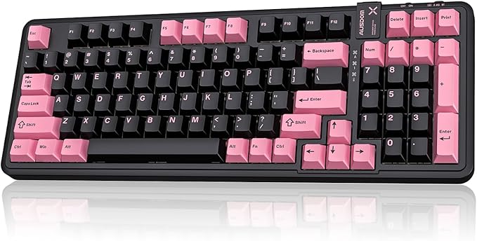 AUSDOM 98Pro Silent Wireless Mechanical Keyboard, Tri-Mode BT/2.4G/USB-C Hot Swappable Custom Quiet Keyboard with Backlit, Gasket Structure, PBT Keycaps, Pre-lubed Tactile Switches(Black Pink 97keys)-DeskLoop Office