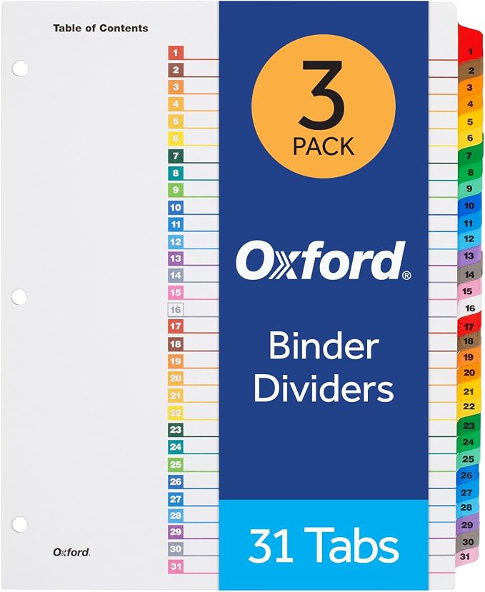 Oxford Binder Dividers, 31 Tabs, Numbered 1–31, 3 Pack, Customizable Table of by Oxford
