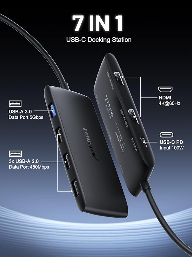 Lemorele Docking Station Dual Monitor 4K 60Hz, 7 in 1 USB C Dongle Multiport Hub Adapter w/2 HDMI + 1 USB 3.0+ 3 USB 2.0+ 1 PD 100W, for MacBook/Dell/HP/Lenovo ThinkPad Type-C Laptop-DeskLoop Office