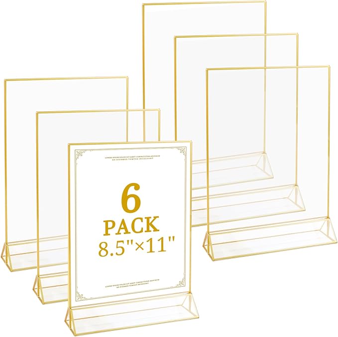 Floroom 6 Pack 8.5x11 Inch Clear Acrylic Sign Holders, Double-Sided Gold by Floroom