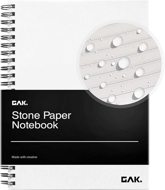 GAK. Stone Paper Waterproof Spiral Notebook, 7.20”x10.11”, 50 sheets, Durable Notebook, Eco-Friendly Mineral Stone Paper Notebook, Waterproof Notepad, Ruled, White