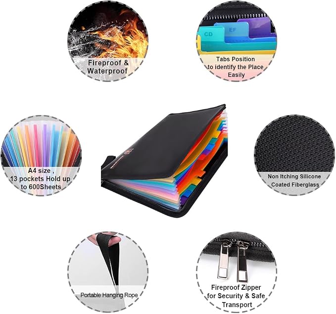Fireproof Document Bag Fire & Water Resistant File Folder A4 Size 12 Pockets - Image 4