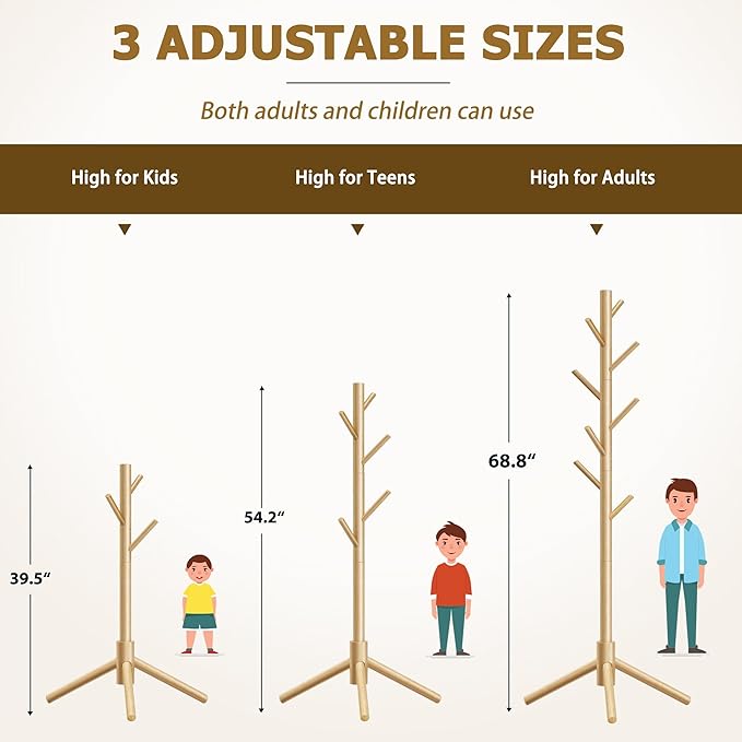 Wooden Coat Rack, Free Standing Coat Rack with 8 Hooks 3 Adjustable Heights for Clothes, Hats, Handbags, Coat Tree Easy Assembly for Entryway, Bedroom, Hallway, Office (New Nature)-DeskLoop Office