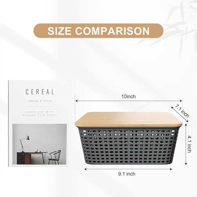 6Pcs Storage Bins with Lids, Stackable Plastic Storage Basket with Bamboo Lid - Image 2