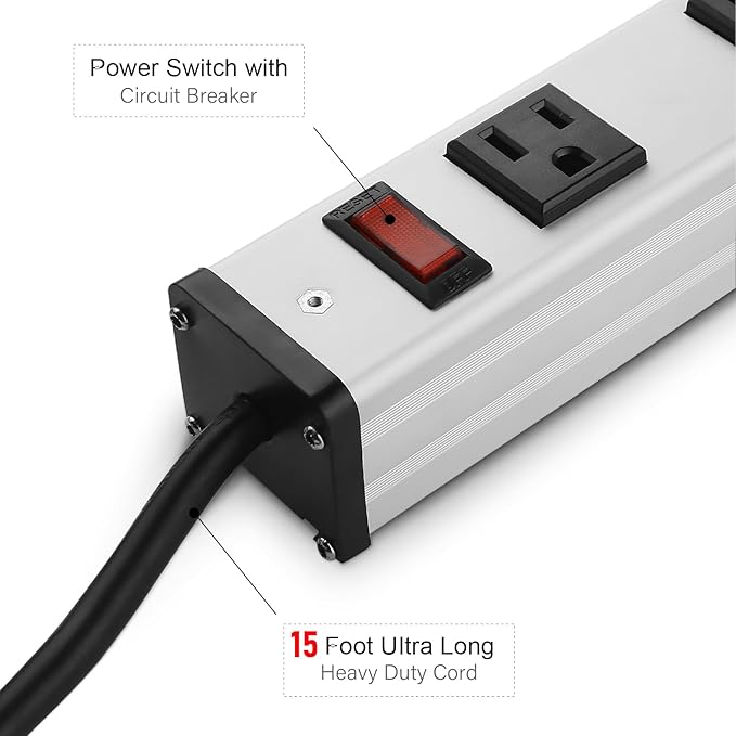 Heavy Duty Power Strip - 16 Outlet Large Metal Industrial Power Strip, 15FT Cord, 15A, 125V, 1875W (Silver)-DeskLoop Office