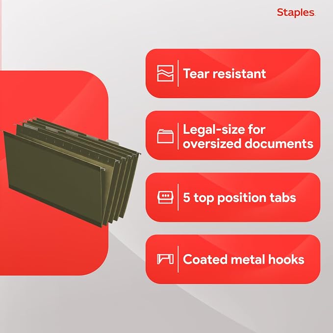 Staples Hanging File Folders, Legal Size, Straight‑Cut Tabs, Standard Green - Image 4