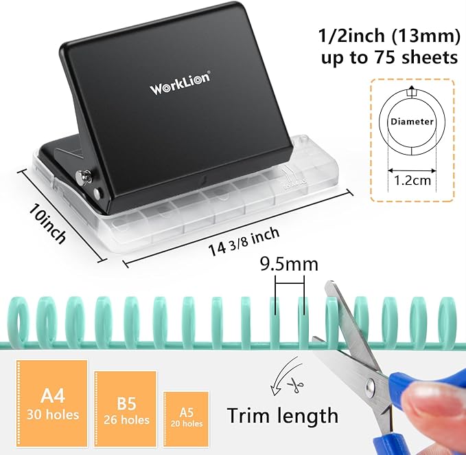 Binding Machine for Planner： WORKLION Metal 10 Hole Punch&Multi Color 30 Hole Loose Leaf Binder Rings(10 pcs) for Making 26 Holes on B5 Paper, 30 Holes on A4, 20 Holes on A5 Book, Black-DeskLoop Office
