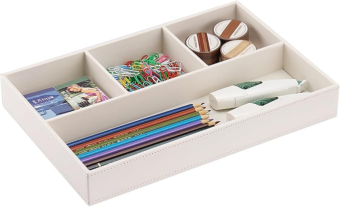 KINGFOM PU Leather Desk Drawer Organizer, 4 Compartment Office Supplies Stationery Storage Tray, Desk Organizers and Accessories Drawer Organizer Tray for Home, Makeup, Jewelry Stackable White-DeskLoop Office