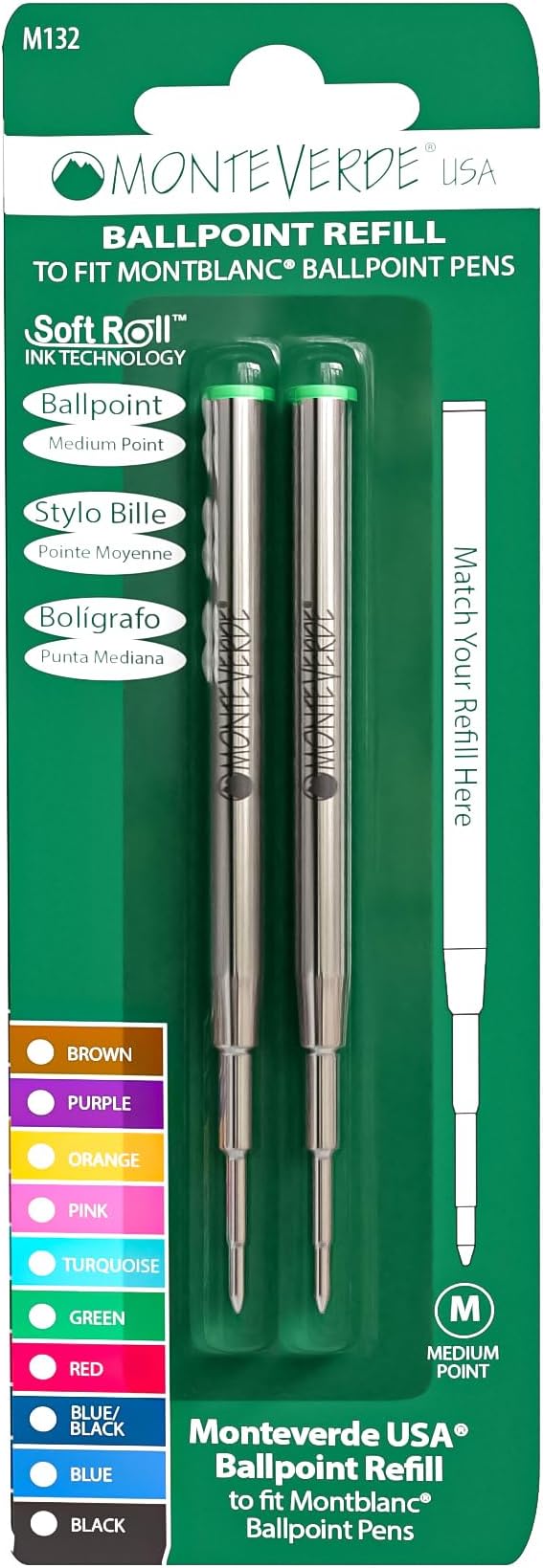 Monteverde USA Soft Ballpoint Refills to Fit Montblanc Pens, Medium Point Green by Monteverde
