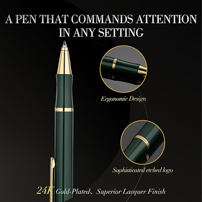 Green lacquer Gel Pen With 24K Gold Finish, Retractable, Gift Pen Set, Black Ink Refill, Professional, Elegant, Writing, Executive, Nice Fancy Designer Pens, Perfect for Men and Women-DeskLoop Office