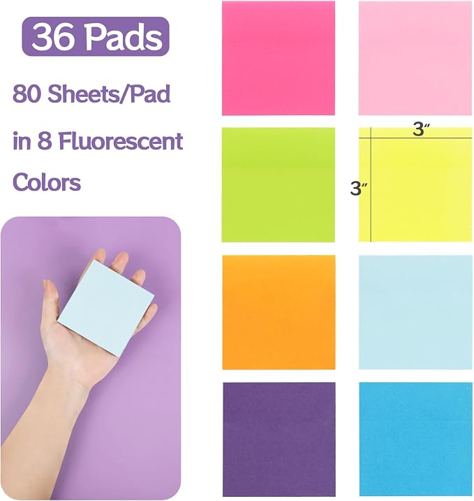 HappyHapi 36-Pads Sticky Notes 3X3 in, 80 Sheets/Pad, 8 Bright Color Self-Stick - Image 2