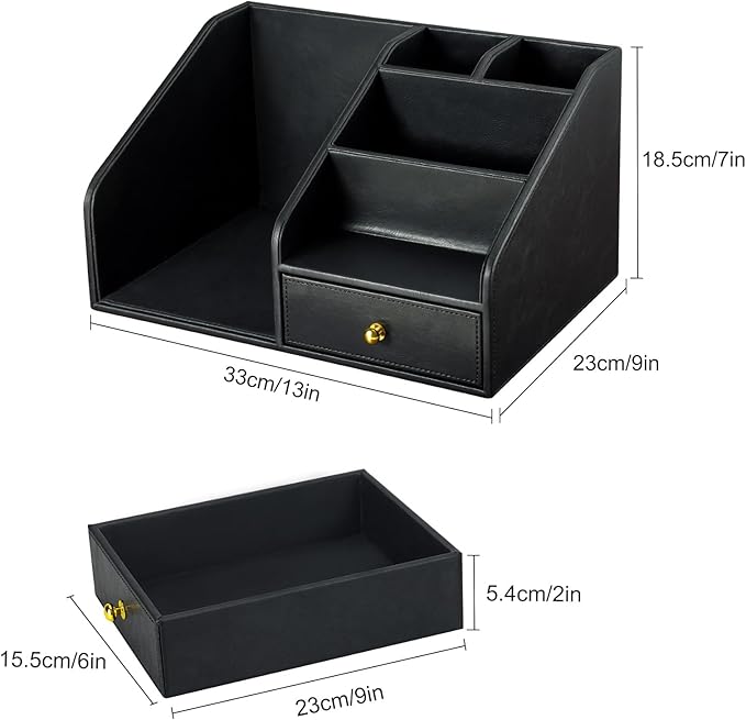 KINGFOM PU Leather Desk Organizer, Multifunction 6 Compartment Desk Organizers and Accessories for Office Supplies, Pen Pencil Holder/Book Mail Organizer Holder for Desk with Drawer(Black)-DeskLoop Office