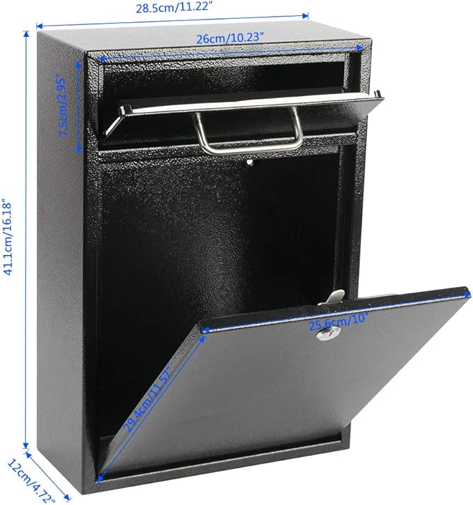 KYODOLED Steel Key Lock Mail Boxes Outdoor, Locking Wall Mount Mailbox, Security Lock Drop Box, Collection Boxes,16.2H x 11.22L x 4.72W Inches, Black X Large-DeskLoop Office